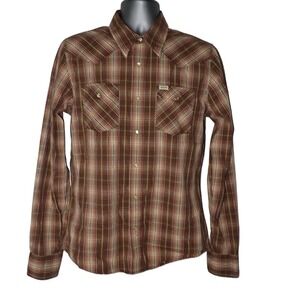 Vintage Hollister Western Shirt Plaid‎ Brown Long Sleeve Pearl Snap Mens Size M